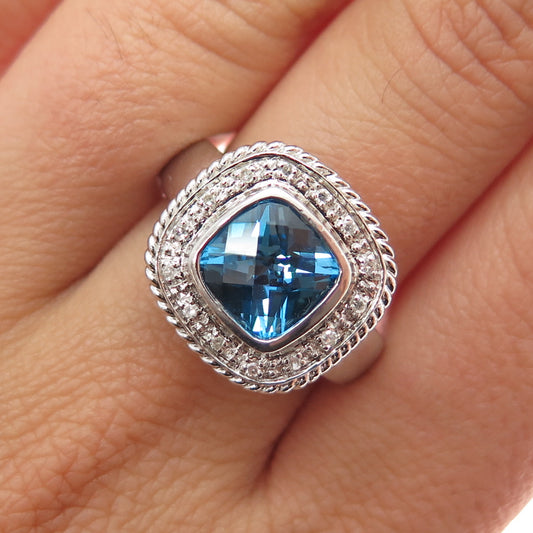 925 Sterling Silver Real Diamond & Blue Topaz Ring Size 7.25