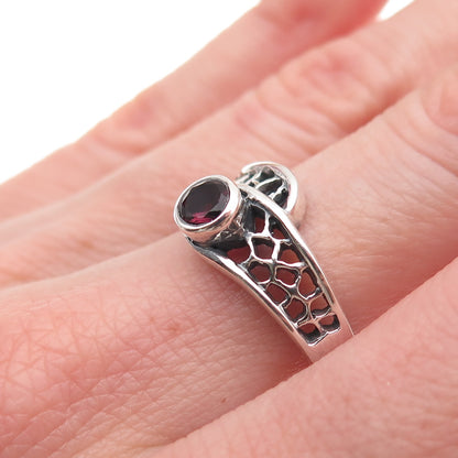 925 Sterling Silver Vintage Real Garnet Modernist Oxidized Ring Size 7