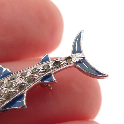 925 Sterling Antique Enamel & Rhinestone Swordfish Pin Brooch (missing 2 stones)