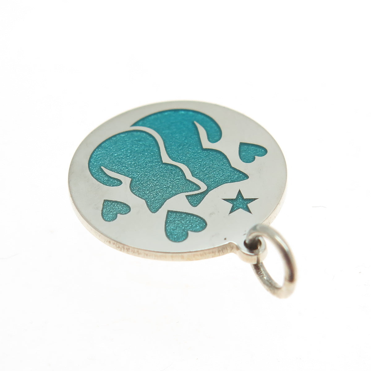 925 Sterling Silver Turquoise Enamel Cat Heart Round Minimalist Charm Pendant