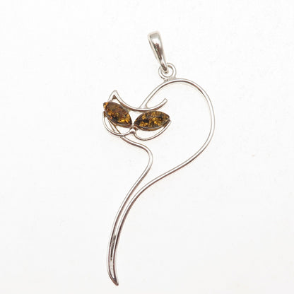925 Sterling Silver Vintage Real Amber Modernist Cat Charm Pendant