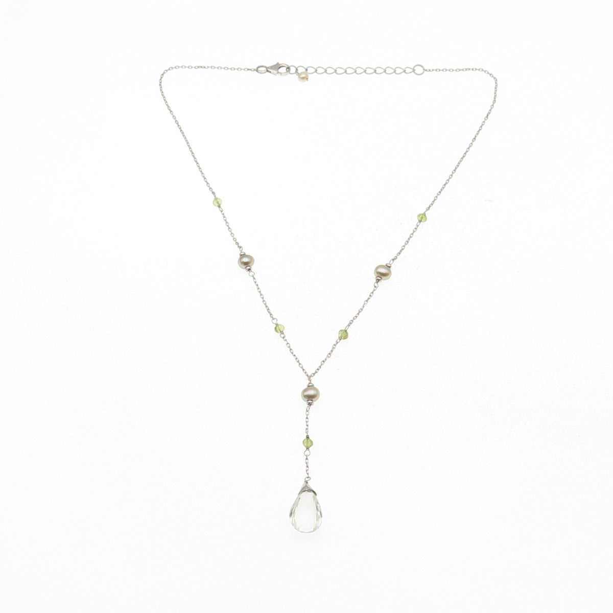 925 Sterling Silver Real Green Amethyst Peridot & Pearl Chain Necklace 16-18"
