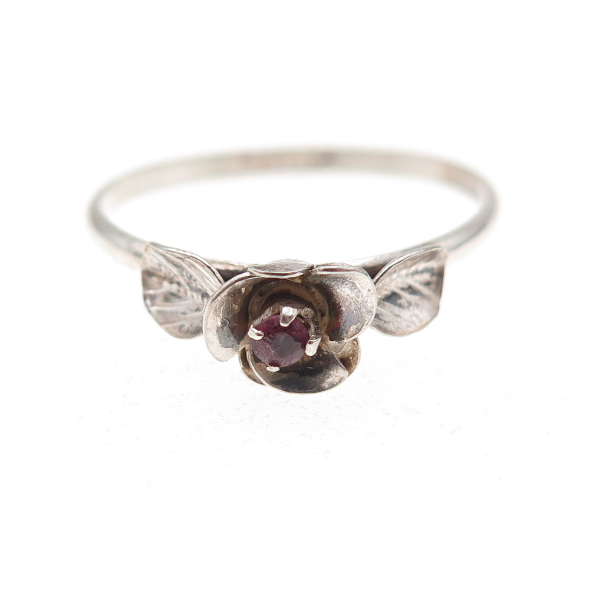 925 Sterling Silver Vintage Real Ruby Rose Flower Oxidized Ring Size 7.75