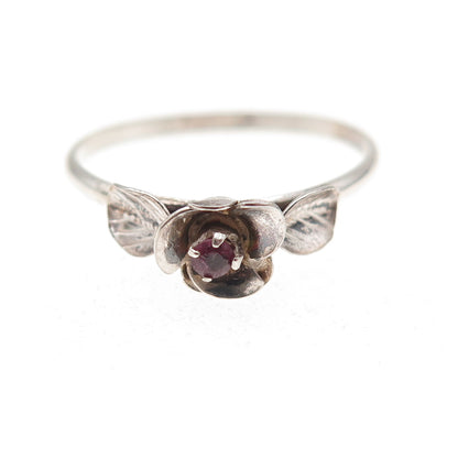 925 Sterling Silver Vintage Real Ruby Rose Flower Oxidized Ring Size 7.75