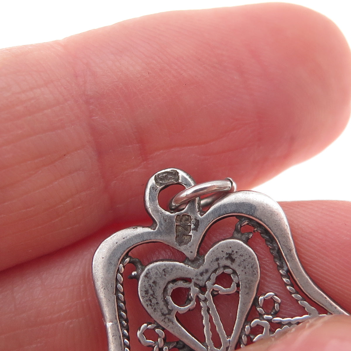 925 Sterling Silver Vintage Heart Hamsa Amulet Filigree Oxidized Charm Pendant