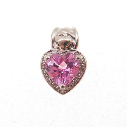 925 Sterling Silver Real Diamond & Pink Topaz Heart Slide Charm Pendant