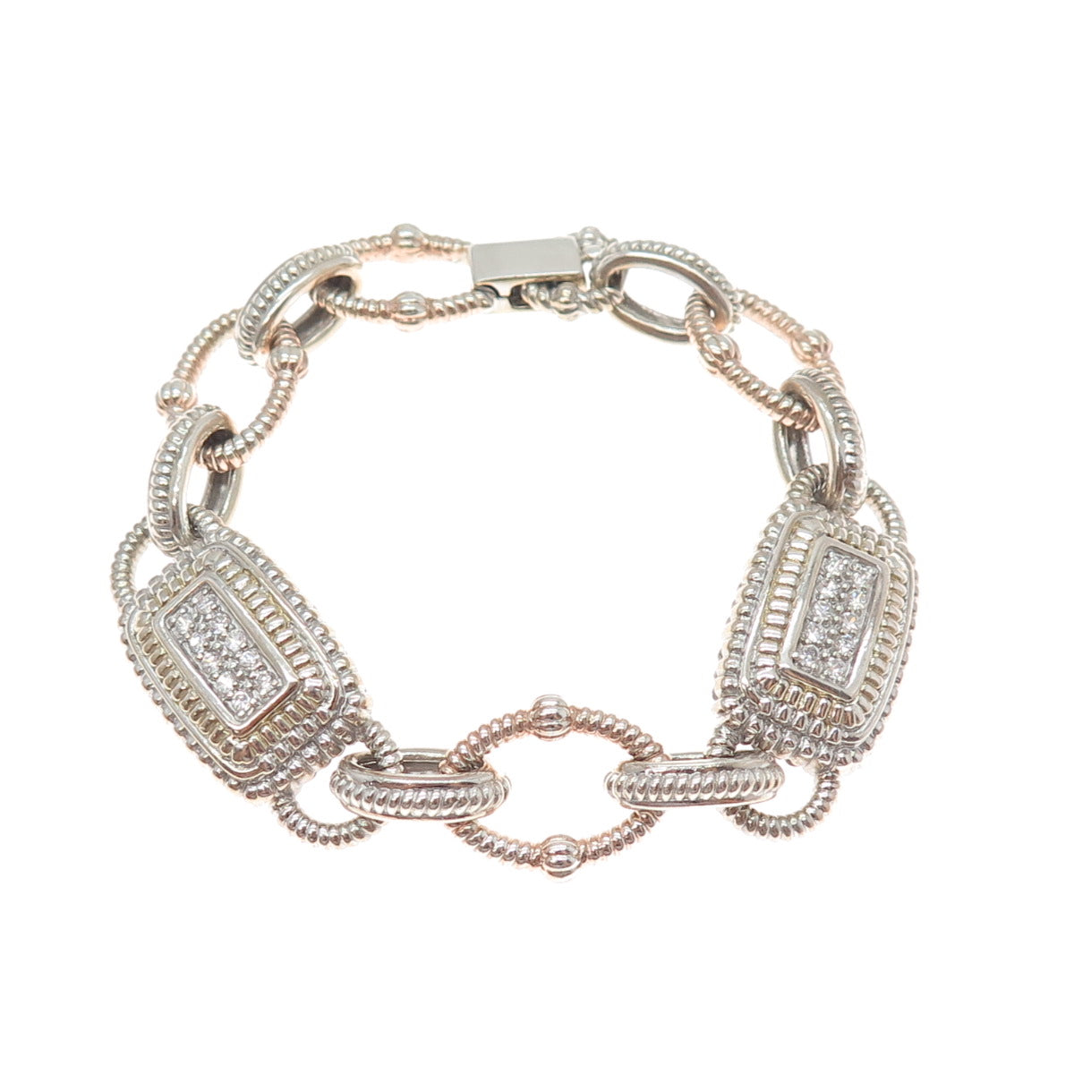 925 Sterling Silver 2-Tone Vintage Round-Cut C Z Panel Link Bracelet 6.75"