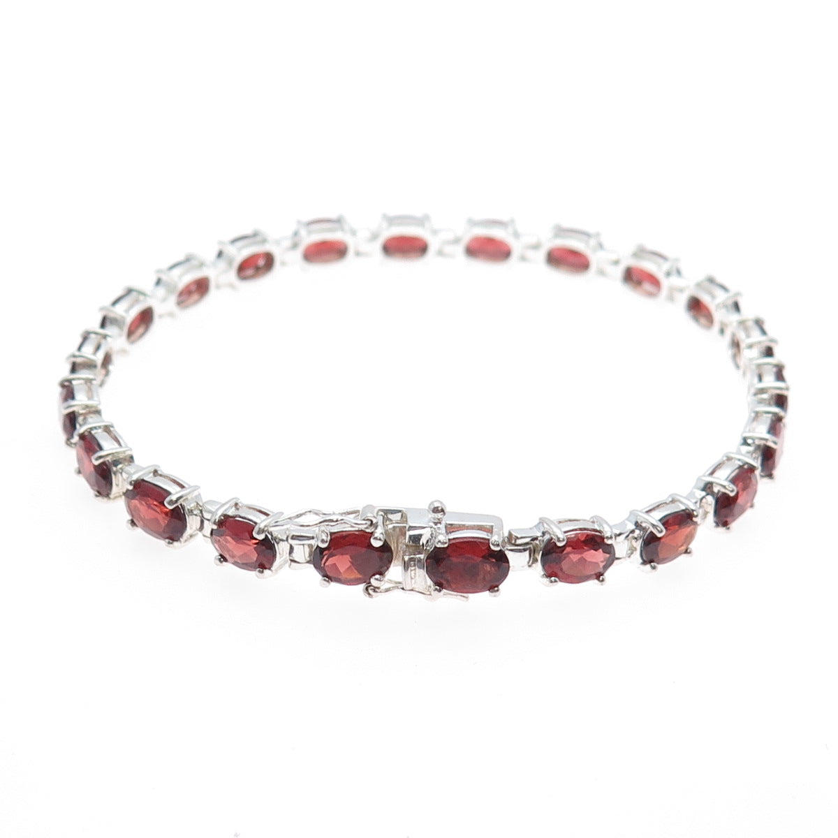 925 Sterling Silver Vintage Real Oval-Cut Red Garnet Tennis Link Bracelet 8"