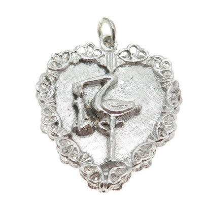 ARTS ELEGANCE 925 Sterling Silver Antique Art Deco Stork Bird Baby Heart Pendant