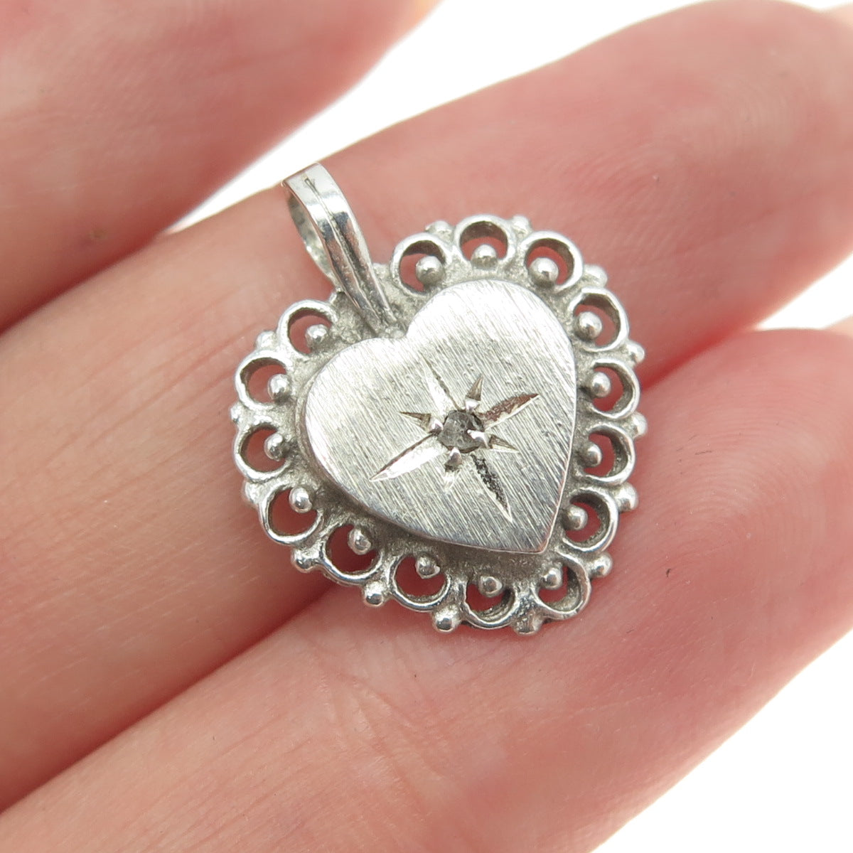 925 Sterling Silver Vintage Real White Diamond Accent Heart Pendant