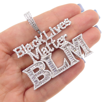 925 Sterling Silver Round & Emerald-Cut C Z Black Lives Matter Pendant