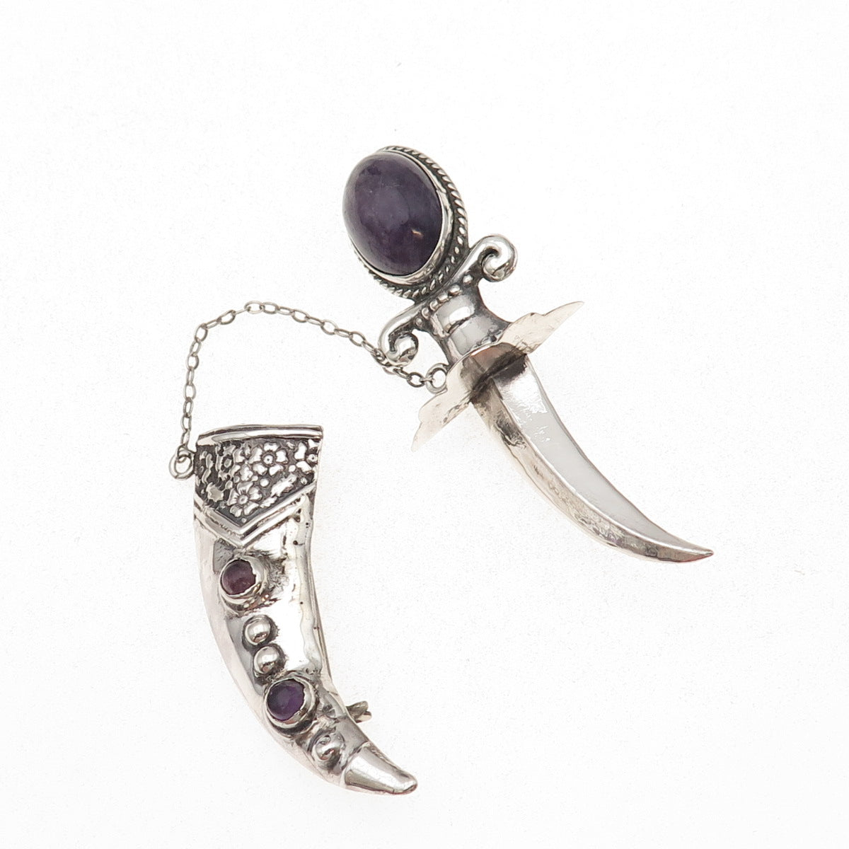 925 Sterling Antique Art Deco Real Amethyst Dagger in Sheath 2-Pc Pin Brooch