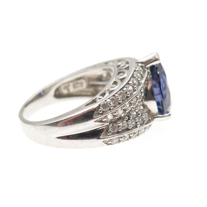 925 Sterling Silver Blue & White C Z Teardrop Ring Size 6