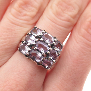 925 Sterling Silver Vintage Real Oval-Cut Amethyst Cluster Oxidized Ring Size 7