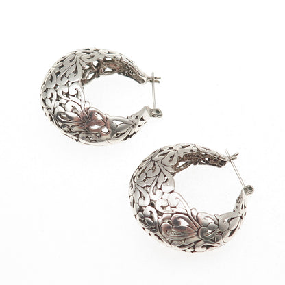 Jezlaine 925 Sterling Silver Vintage Ornate Floral Oxidized Hoop Earrings