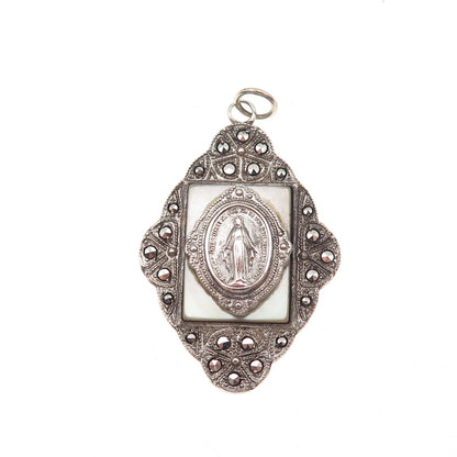 Theda Sterling Silver Antique Art Deco Real MOP Marcasite St. Mary Charm Pendant