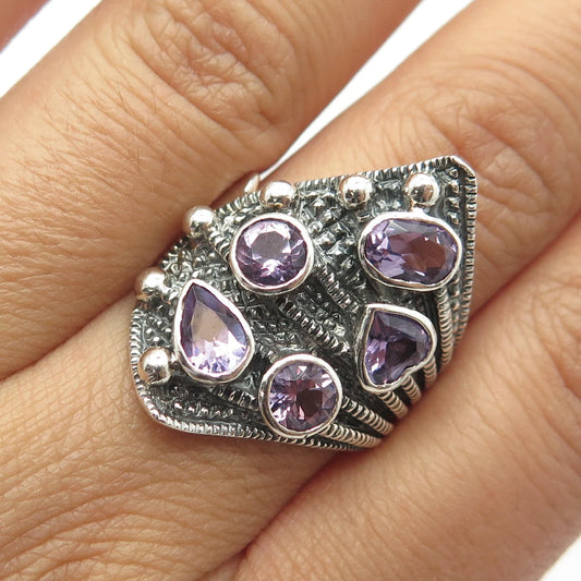 925 Sterling Silver Vintage Real Amethyst Gem Statement Ring Size 8.75