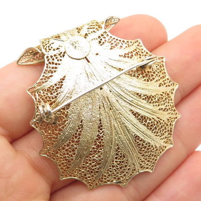 925 Sterling Gold Plated Vintage GV Portugal Real Pearl Filigree Shell Brooch