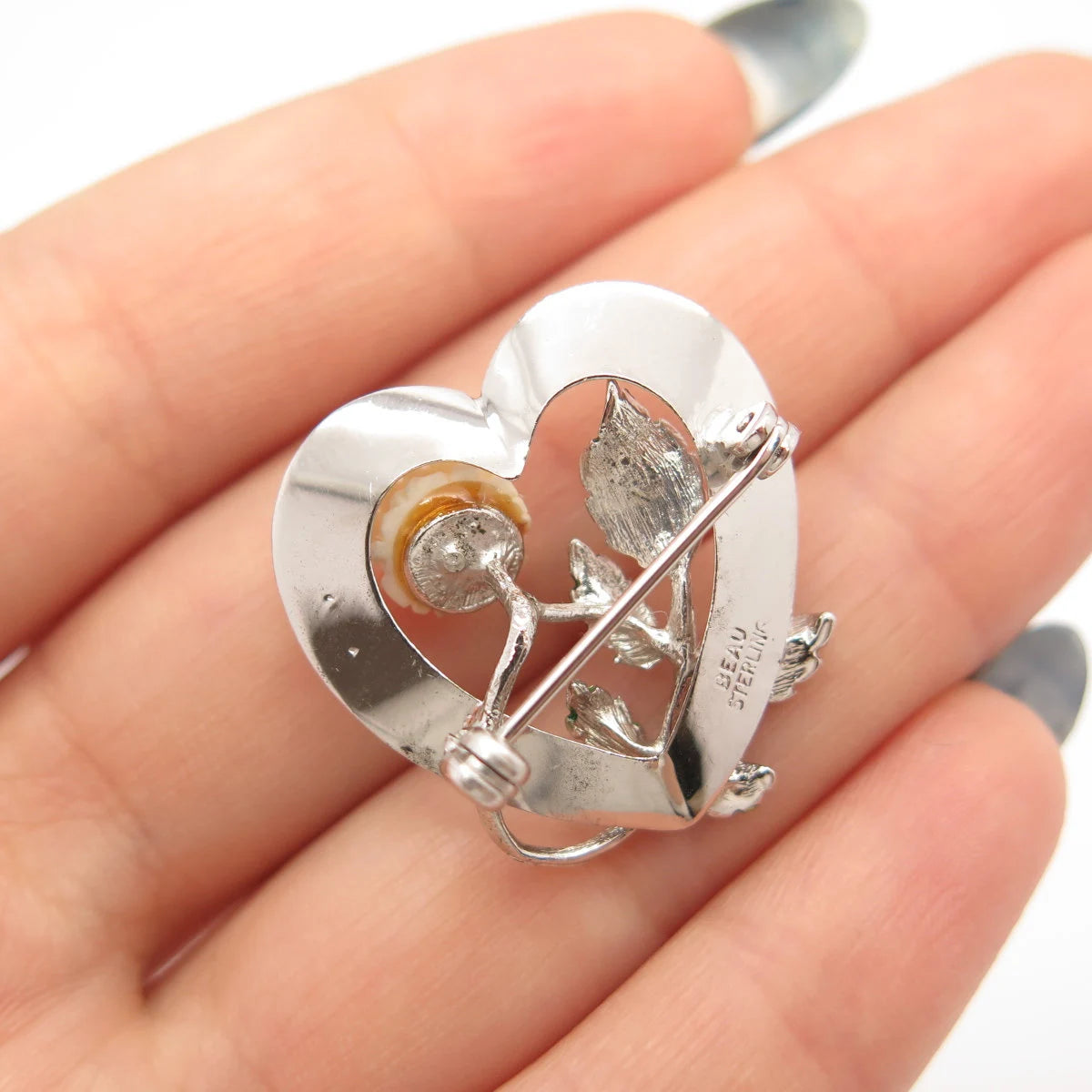 925 Sterling Silver Vintage BEAU Enamel Rose Floral Striped Heart Pin Brooch