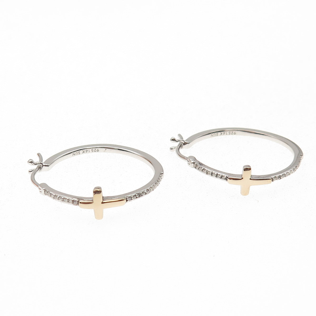 Sun 925 Sterling Silver 14K Gold Real Diamond Cross Hoop Earrings