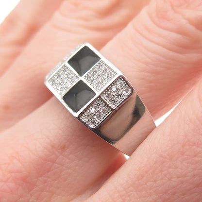 925 Sterling Silver Real Black Onyx & C Z Check Pattern Ring Size 11.5