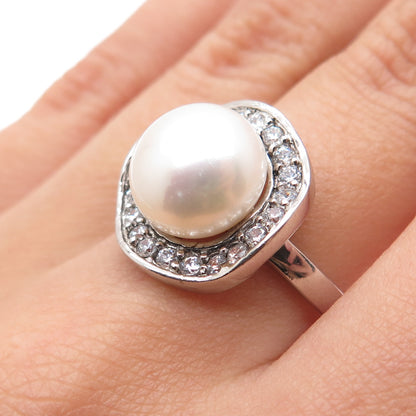 925 Sterling Silver Real Pearl & Round-Cut C Z Modernist Ring Size 7.25