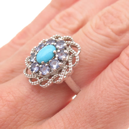Chuck Clemency 925 Sterling Silver Real Turquoise & Tanzanite Floral Ring Size 7