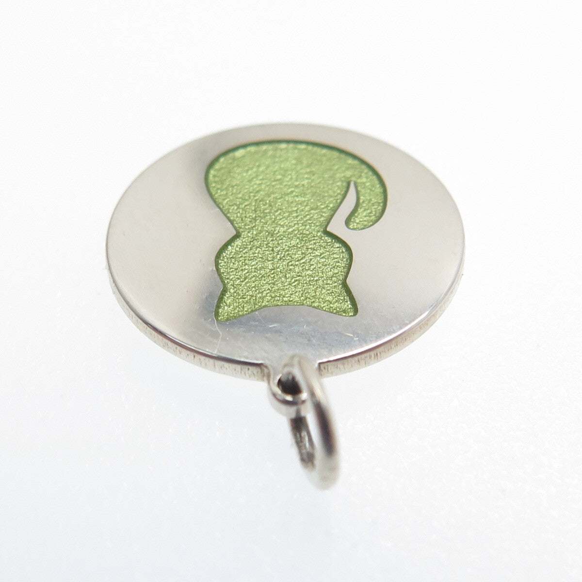 925 Sterling Silver Lime Green Enamel Cat Round Tag Minimalist Charm Pendant