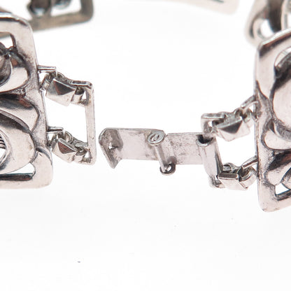 925 Sterling Silver Antique Art Deco Floral Panel Link Oxidized Bracelet 7"