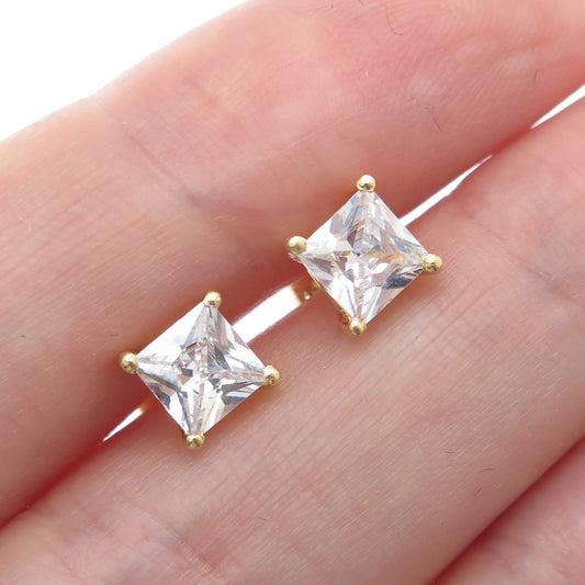 925 Sterling Silver Gold Plated Princess-Cut C Z Stud Earrings
