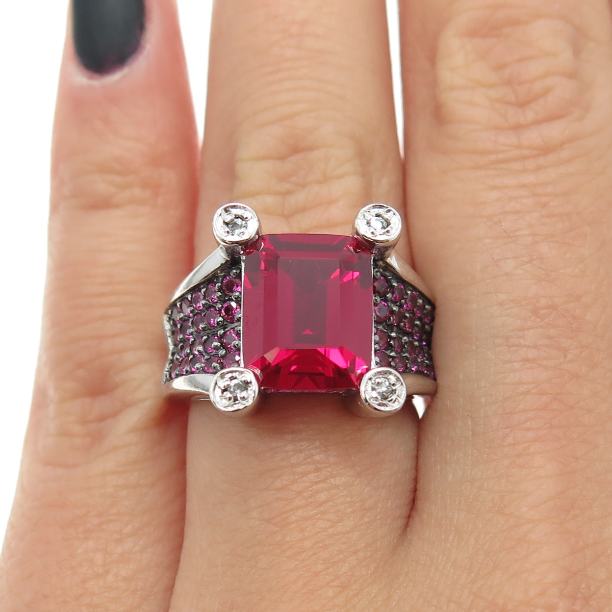 925 Sterling Silver Lab-Created Ruby Pink Sapphire & Moissanite Ring Size 6