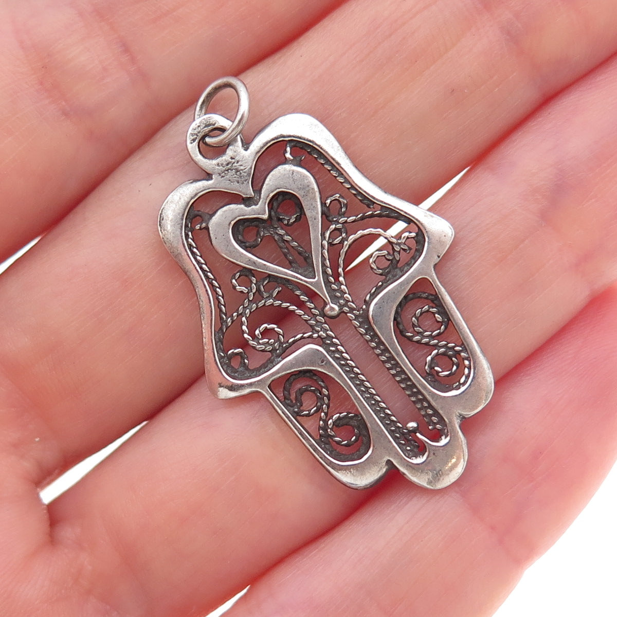 925 Sterling Silver Vintage Heart Hamsa Amulet Filigree Oxidized Charm Pendant