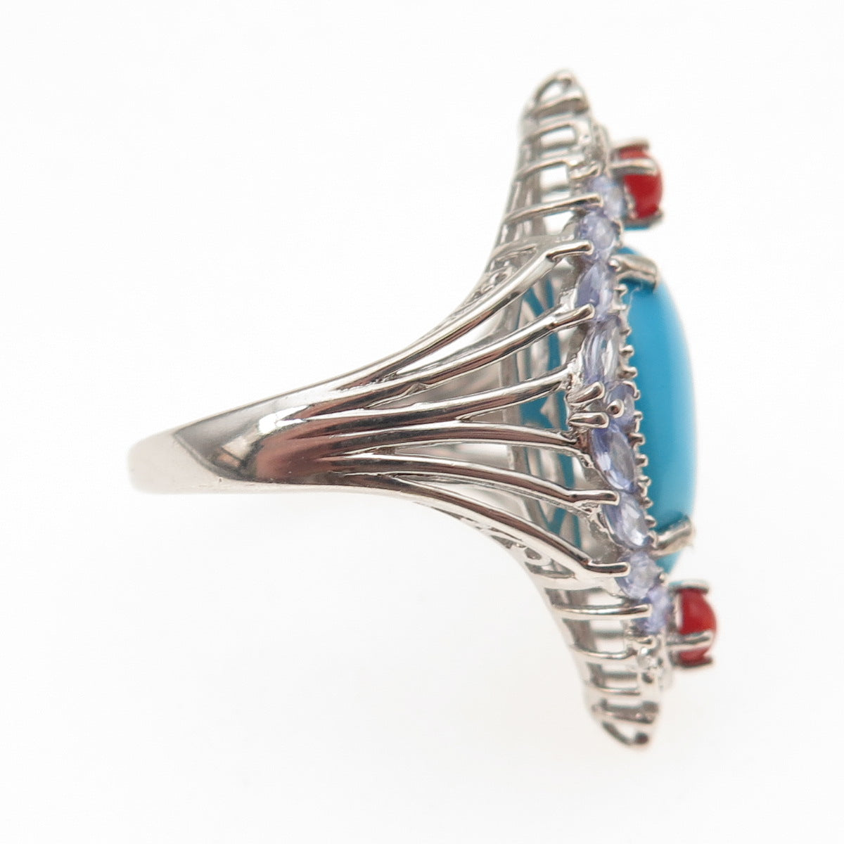 Chuck Clemency 925 Sterling Silver Real Turquoise Tanzanite & Coral Ring Size 8