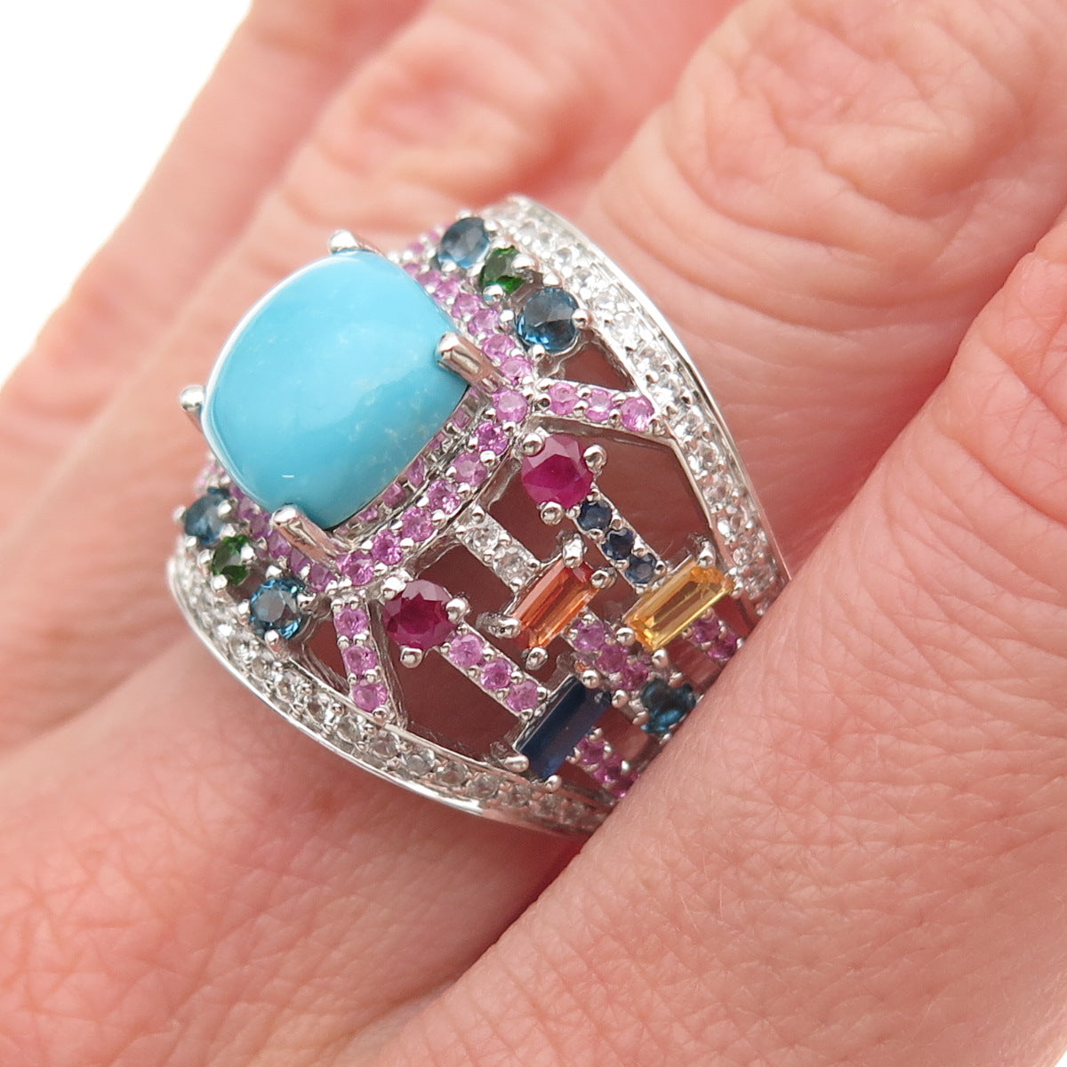 Carol Brodie Sterling Silver Real Turquoise Multi-Color Sapphire Ring Size 7.25