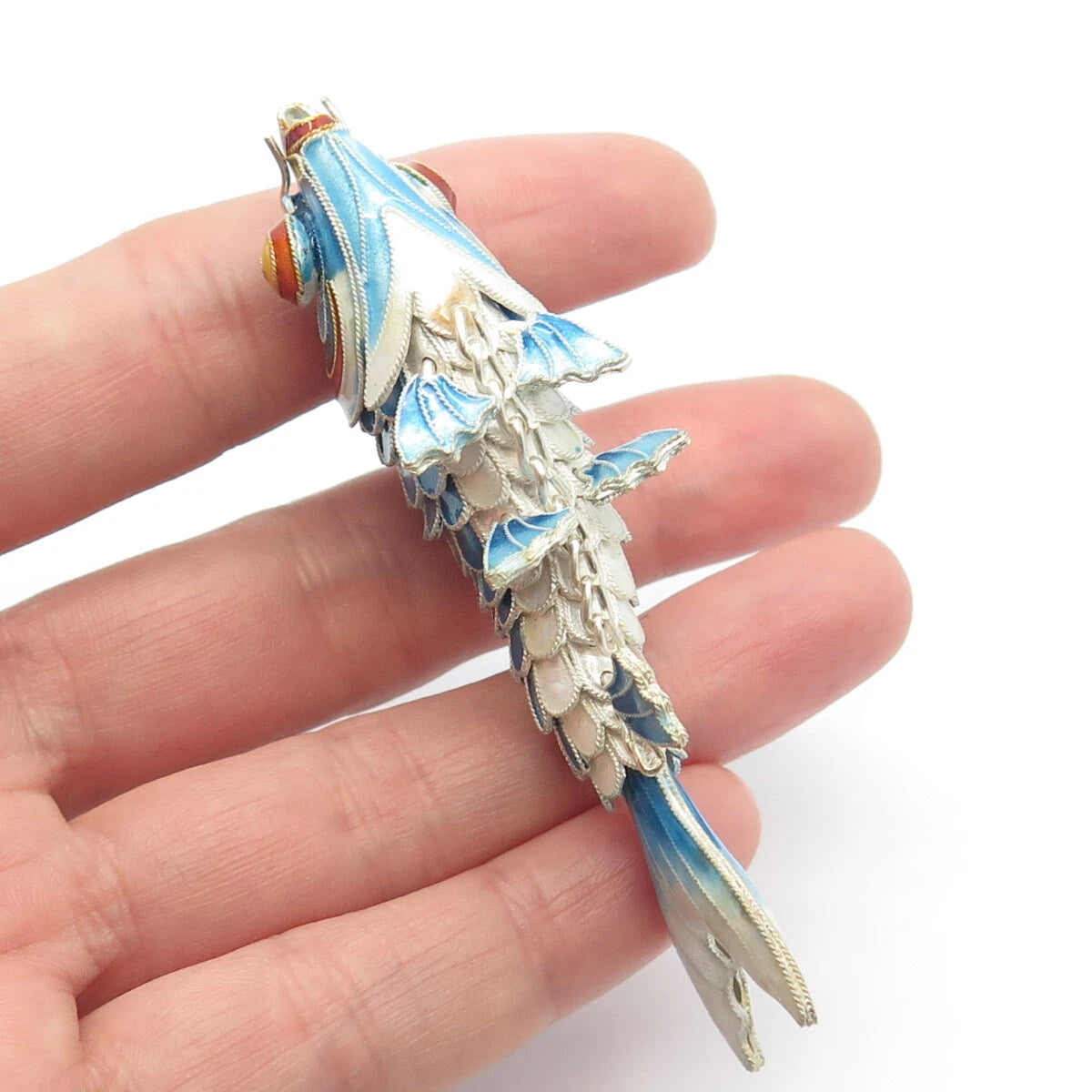 925 Sterling Silver Enamel Antique Chinese Koi Fish Chatelaine Fob / Pendant