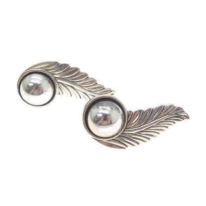 925 Sterling Silver Antique Art Deco Feather Oxidized Screw Back Earrings