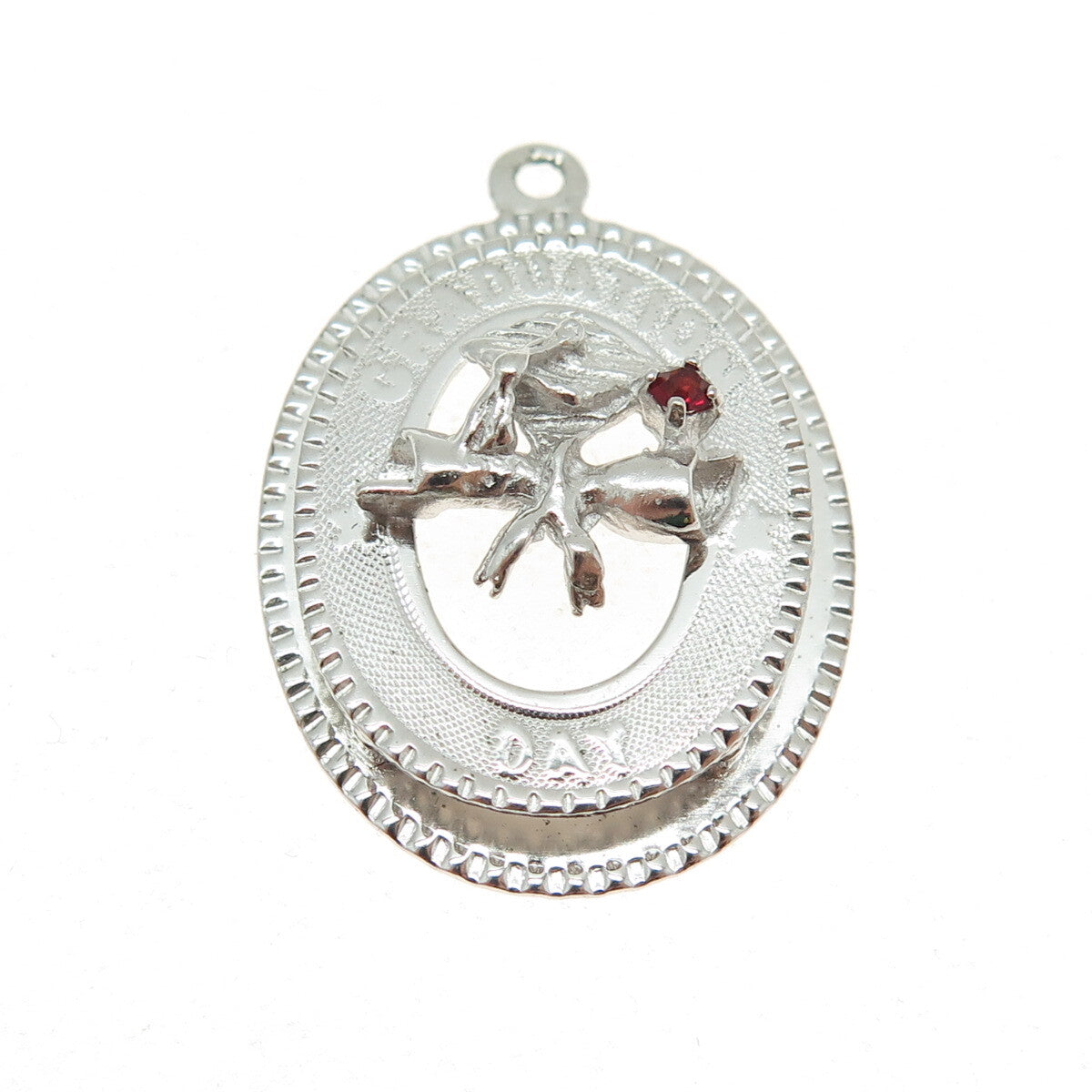 925 Sterling Silver Vintage M&M Red Rhinestone Graduation Day Pendant