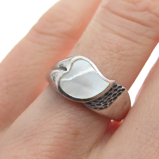 925 Sterling Silver Vintage Real Mother-of-Pearl Heart Ring Size 5.25