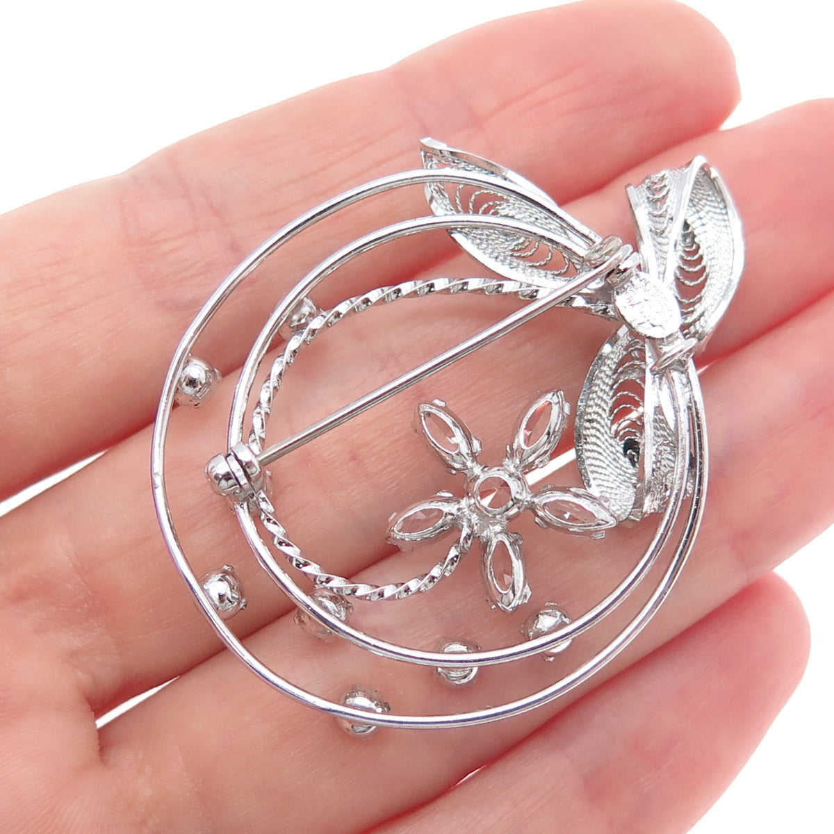 AM LEE Sterling Silver Antique Art Deco Rhinestone Floral Filigree Pin Brooch