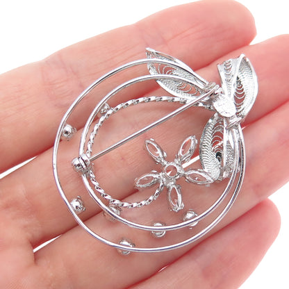 AM LEE Sterling Silver Antique Art Deco Rhinestone Floral Filigree Pin Brooch