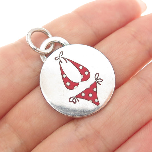 925 Sterling Silver Vintage WW Artisan Red Enamel Bikini Charm Pendant
