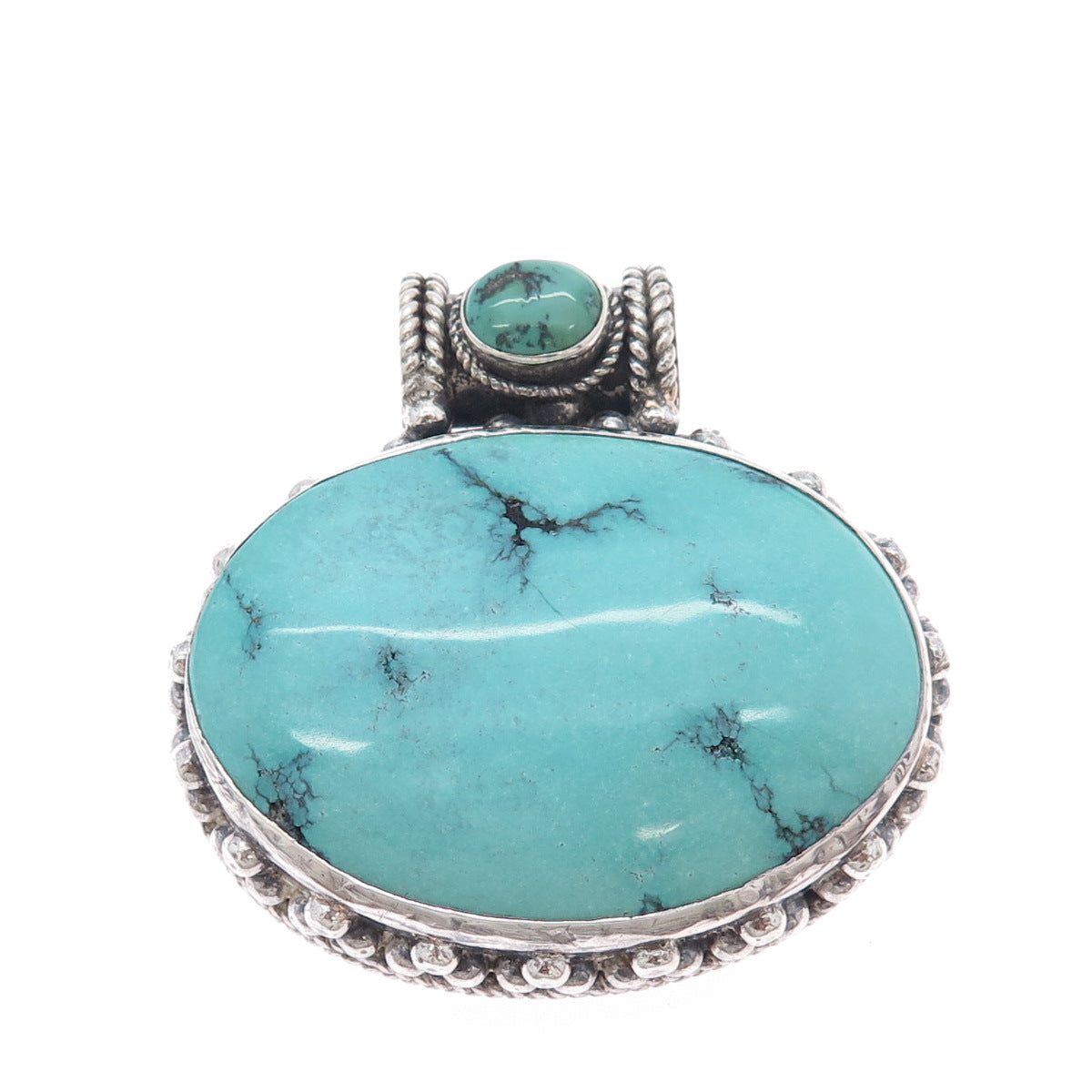 925 Sterling Silver Vintage Real Turquoise Oxidized Heavy 83.9g Slide Pendant