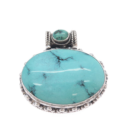 925 Sterling Silver Vintage Real Turquoise Oxidized Heavy 83.9g Slide Pendant
