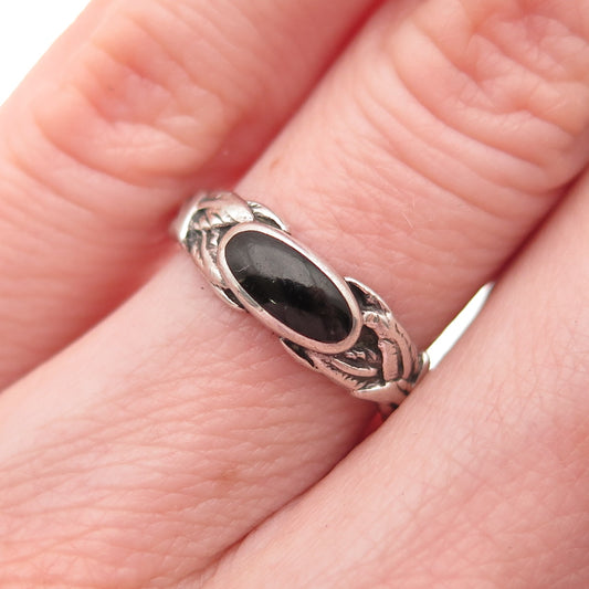 925 Sterling Silver Vintage Real Black Onyx Floral Oxidized Ring Size 4.75