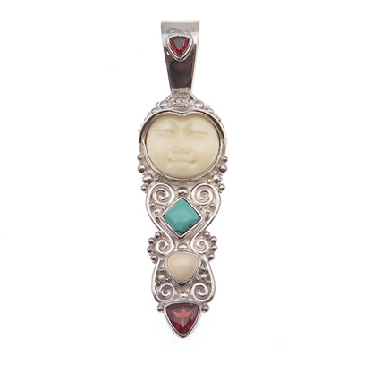 SAJEN 925 Sterling Silver Vintage Real Turquoise Garnet & Agate Goddess Pendant