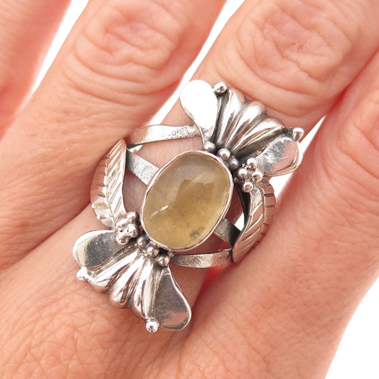 Old Pawn Sterling Silver Vintage Southwestern Quartz Floral Tribal Ring Size 8