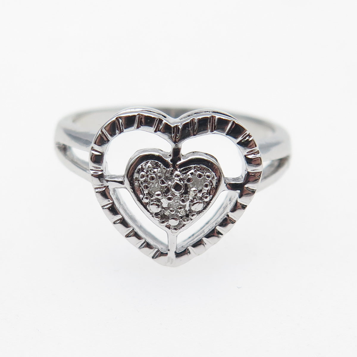 925 Sterling Silver Real Round-Cut Diamond Heart Ring Size 5.75