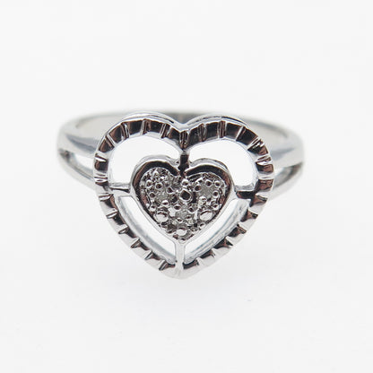 925 Sterling Silver Real Round-Cut Diamond Heart Ring Size 5.75