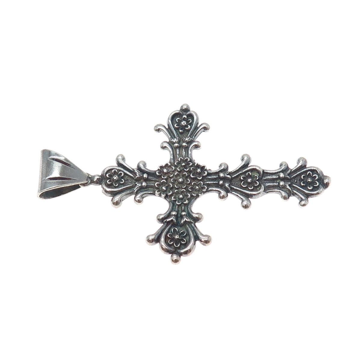925 Sterling Silver Vintage Mexico Flower Cross Oxidized Charm Pendant