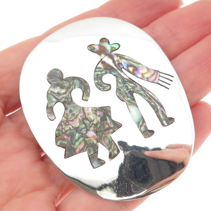 925 Sterling Silver Vintage Mexico Real Abalone Shell Couple Pin Brooch Pendant